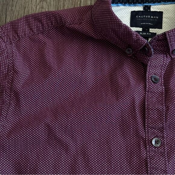 Cactus Man Men's Burgundy Button-Up Shirt w/ White Dots 100% Cotton - Picture 3 of 6